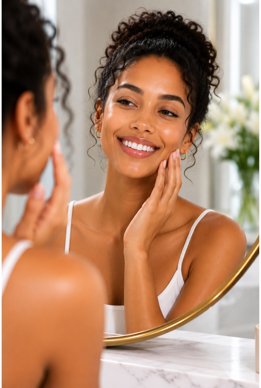 Beautiful brown woman with clear, glowing skin smiling at her reflection in a mirror in a bright, luxurious skincare setting.