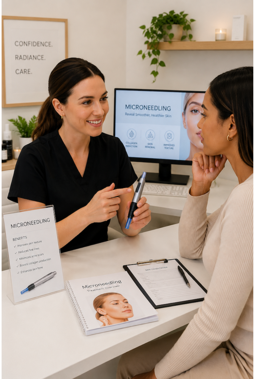 Esthetician consulting with a client about microneedling treatment in a modern medical spa, discussing skin rejuvenation, acne scars, and collagen production.