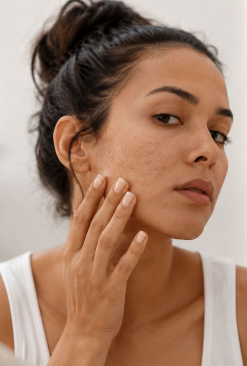 Woman examining acne scars and uneven skin texture while touching her cheek and looking in a mirror.